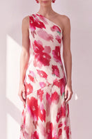 Load image into Gallery viewer, Pink Red Flower Asymmetrical One Shoulder Beach Wedding Guest Dress