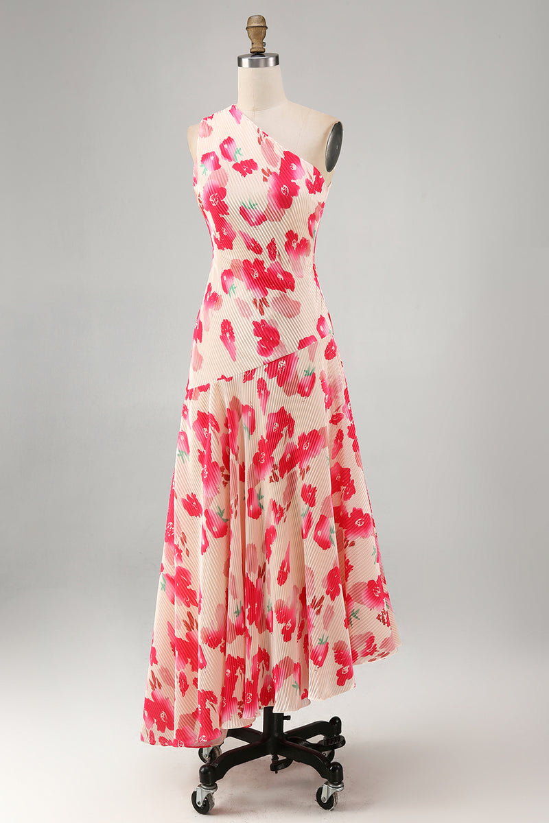 Load image into Gallery viewer, Pink Red Flower Asymmetrical One Shoulder Beach Wedding Guest Dress