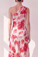 Load image into Gallery viewer, Pink Red Flower Asymmetrical One Shoulder Beach Wedding Guest Dress