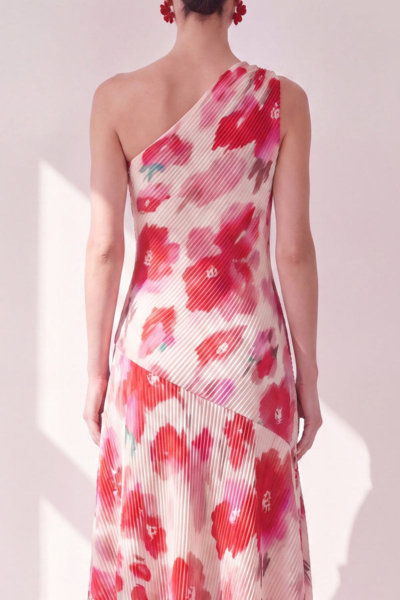 Load image into Gallery viewer, Pink Red Flower Asymmetrical One Shoulder Beach Wedding Guest Dress