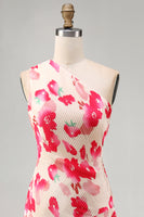 Load image into Gallery viewer, Pink Red Flower Asymmetrical One Shoulder Beach Wedding Guest Dress