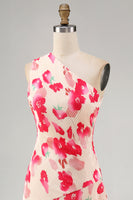 Load image into Gallery viewer, Pink Red Flower Asymmetrical One Shoulder Beach Wedding Guest Dress