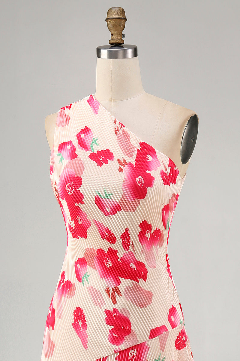 Load image into Gallery viewer, Pink Red Flower Asymmetrical One Shoulder Beach Wedding Guest Dress