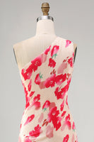 Load image into Gallery viewer, Pink Red Flower Asymmetrical One Shoulder Beach Wedding Guest Dress