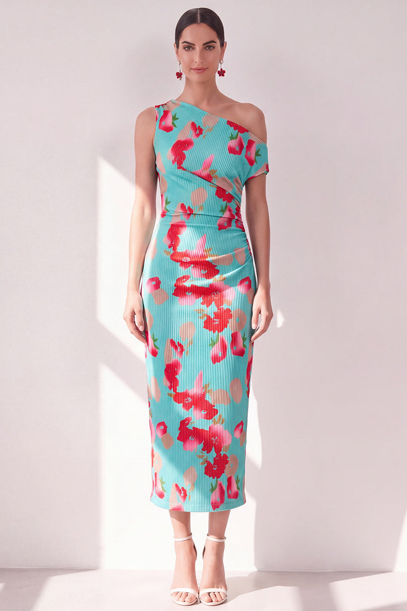 Load image into Gallery viewer, Pink Red Flower Sheath One Shoulder Maxi Beach Wedding Guest Dress