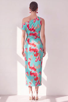 Pink Red Flower Sheath One Shoulder Maxi Beach Wedding Guest Dress