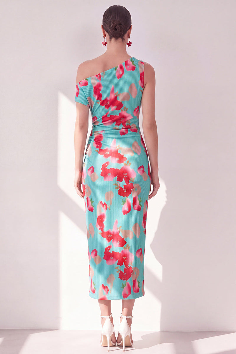 Load image into Gallery viewer, Pink Red Flower Sheath One Shoulder Maxi Beach Wedding Guest Dress