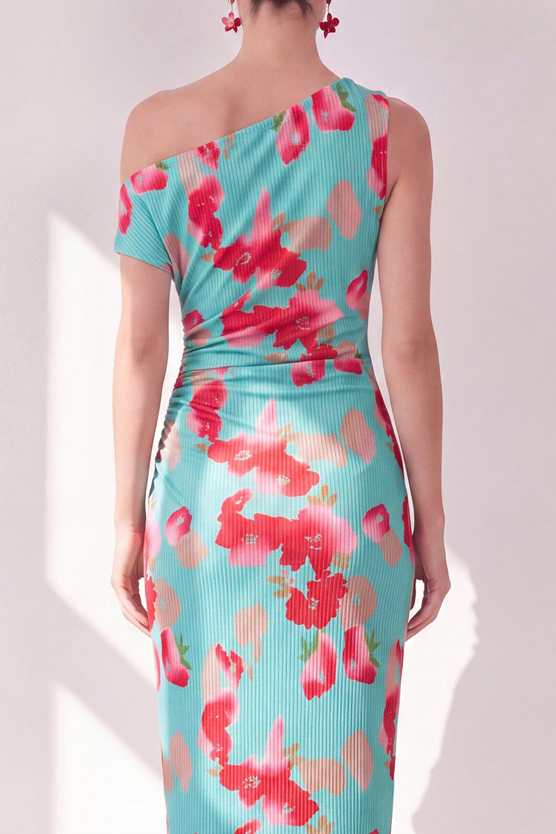 Load image into Gallery viewer, Pink Red Flower Sheath One Shoulder Maxi Beach Wedding Guest Dress