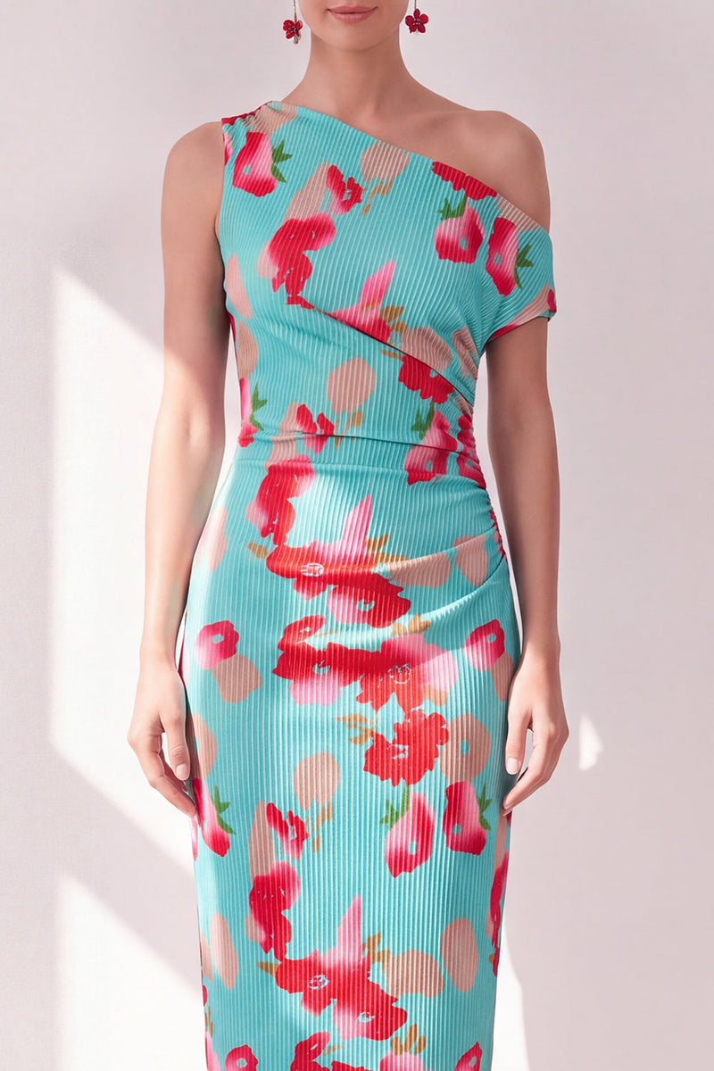 Load image into Gallery viewer, Pink Red Flower Sheath One Shoulder Maxi Beach Wedding Guest Dress