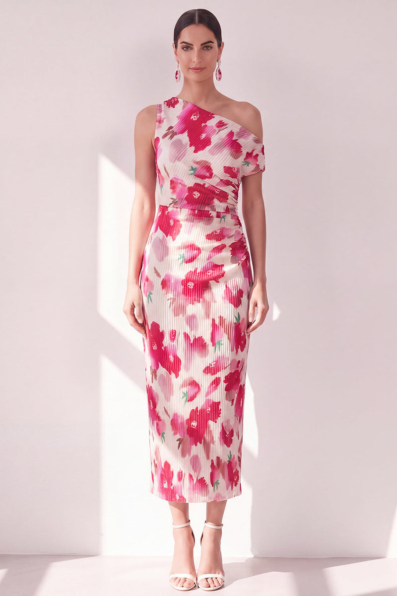 Load image into Gallery viewer, Pink Red Flower Sheath One Shoulder Maxi Beach Wedding Guest Dress
