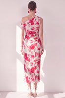 Load image into Gallery viewer, Pink Red Flower Sheath One Shoulder Maxi Beach Wedding Guest Dress