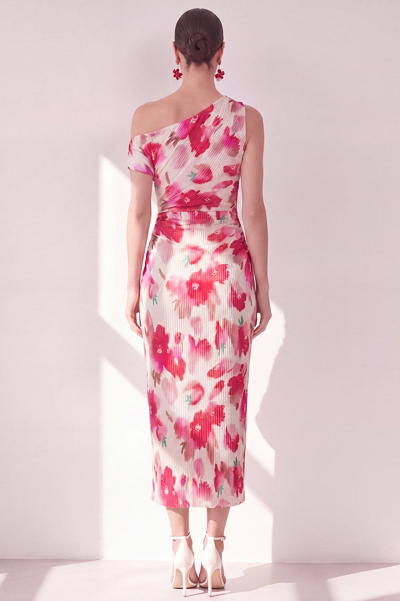 Load image into Gallery viewer, Pink Red Flower Sheath One Shoulder Maxi Beach Wedding Guest Dress