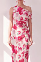 Load image into Gallery viewer, Pink Red Flower Sheath One Shoulder Maxi Beach Wedding Guest Dress