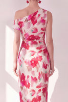 Load image into Gallery viewer, Pink Red Flower Sheath One Shoulder Maxi Beach Wedding Guest Dress