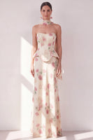 Load image into Gallery viewer, Mermaid Corset Apricot Strapless Floral Basque Waist Maxi Beach Wedding Guest Dress