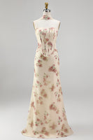 Load image into Gallery viewer, Mermaid Corset Apricot Strapless Floral Basque Waist Maxi Beach Wedding Guest Dress