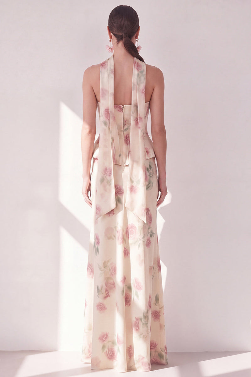 Load image into Gallery viewer, Mermaid Corset Apricot Strapless Floral Basque Waist Maxi Beach Wedding Guest Dress