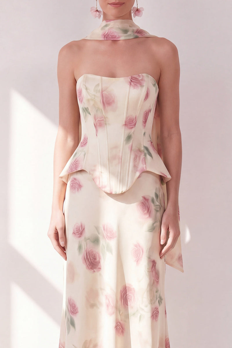 Load image into Gallery viewer, Mermaid Corset Apricot Strapless Floral Basque Waist Maxi Beach Wedding Guest Dress