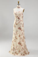 Load image into Gallery viewer, Mermaid Corset Apricot Strapless Floral Basque Waist Maxi Beach Wedding Guest Dress