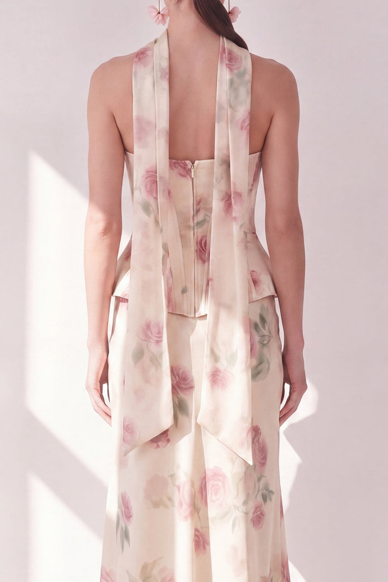 Load image into Gallery viewer, Mermaid Corset Apricot Strapless Floral Basque Waist Maxi Beach Wedding Guest Dress