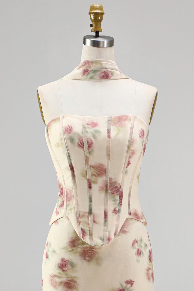 Load image into Gallery viewer, Mermaid Corset Apricot Strapless Floral Basque Waist Maxi Beach Wedding Guest Dress