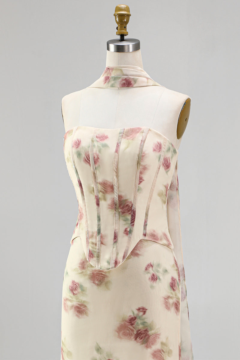 Load image into Gallery viewer, Mermaid Corset Apricot Strapless Floral Basque Waist Maxi Beach Wedding Guest Dress