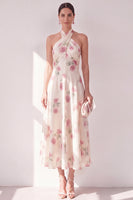 Load image into Gallery viewer, Apricot Floral Halter A Line Maxi Beach Wedding Guest Dress