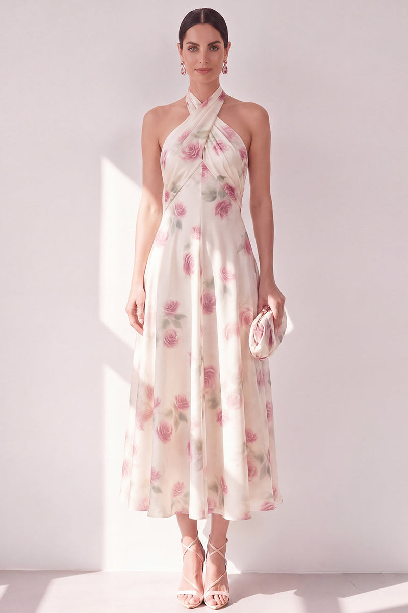Load image into Gallery viewer, Apricot Floral Halter A Line Maxi Beach Wedding Guest Dress