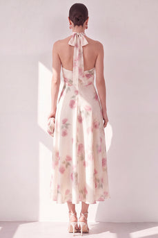 Apricot Floral Halter A Line Maxi Beach Wedding Guest Dress