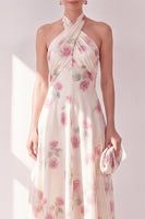 Load image into Gallery viewer, Apricot Floral Halter A Line Maxi Beach Wedding Guest Dress