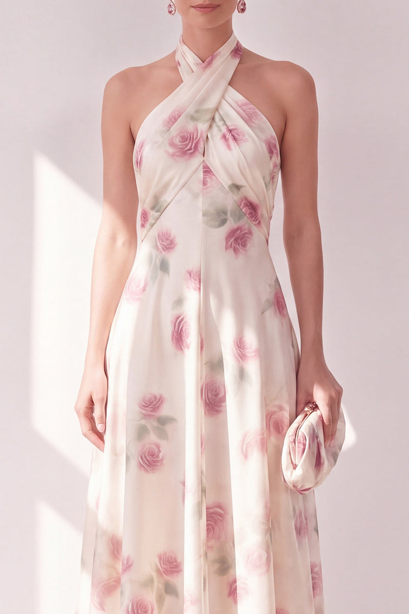 Load image into Gallery viewer, Apricot Floral Halter A Line Maxi Beach Wedding Guest Dress