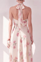 Load image into Gallery viewer, Apricot Floral Halter A Line Maxi Beach Wedding Guest Dress