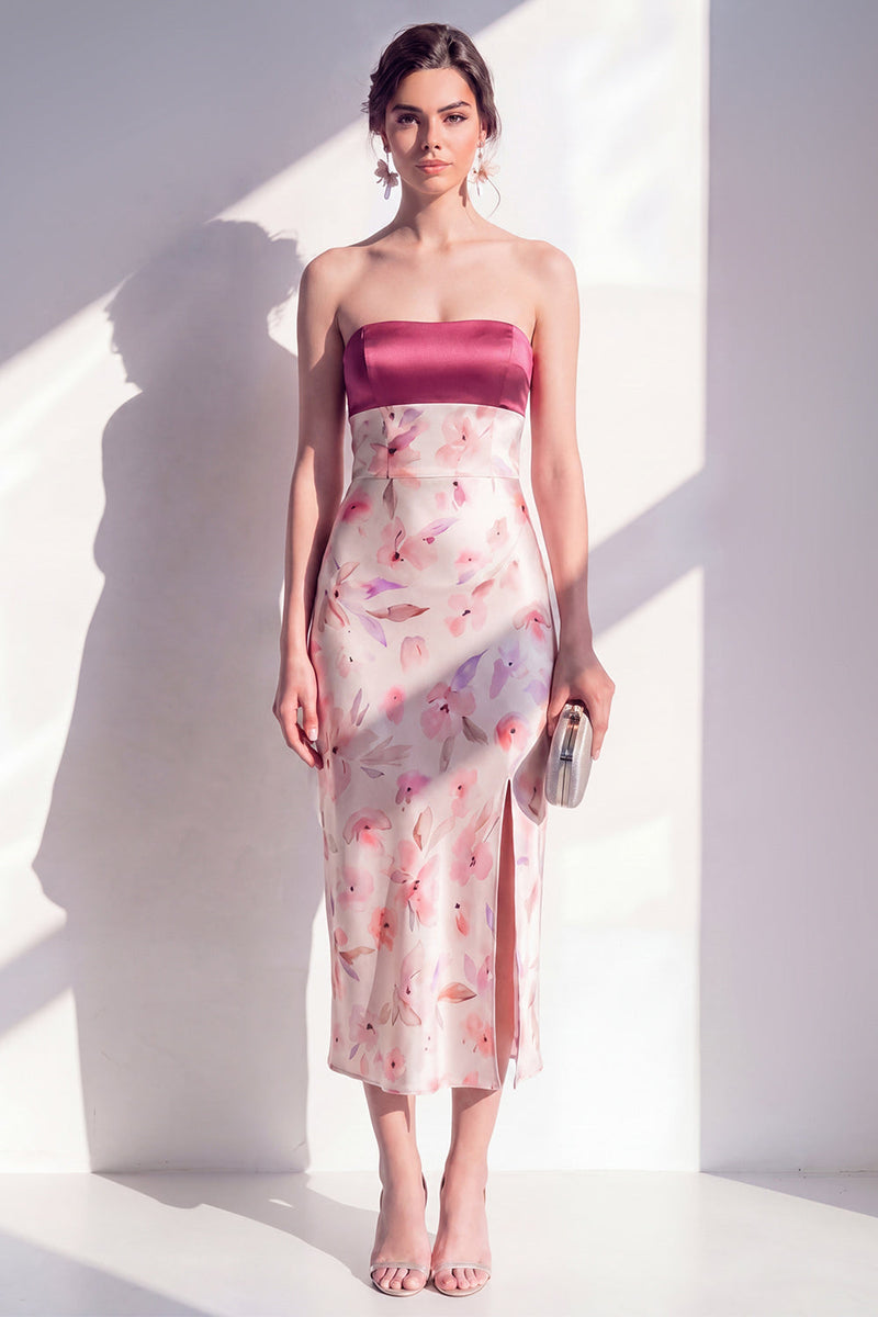 Load image into Gallery viewer, Sheath Floral Strapless Pink Maxi Beach Wedding Guest Dress with Slit
