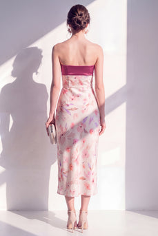 Sheath Floral Strapless Pink Maxi Beach Wedding Guest Dress with Slit