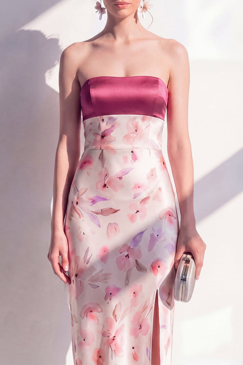 Load image into Gallery viewer, Sheath Floral Strapless Pink Maxi Beach Wedding Guest Dress with Slit