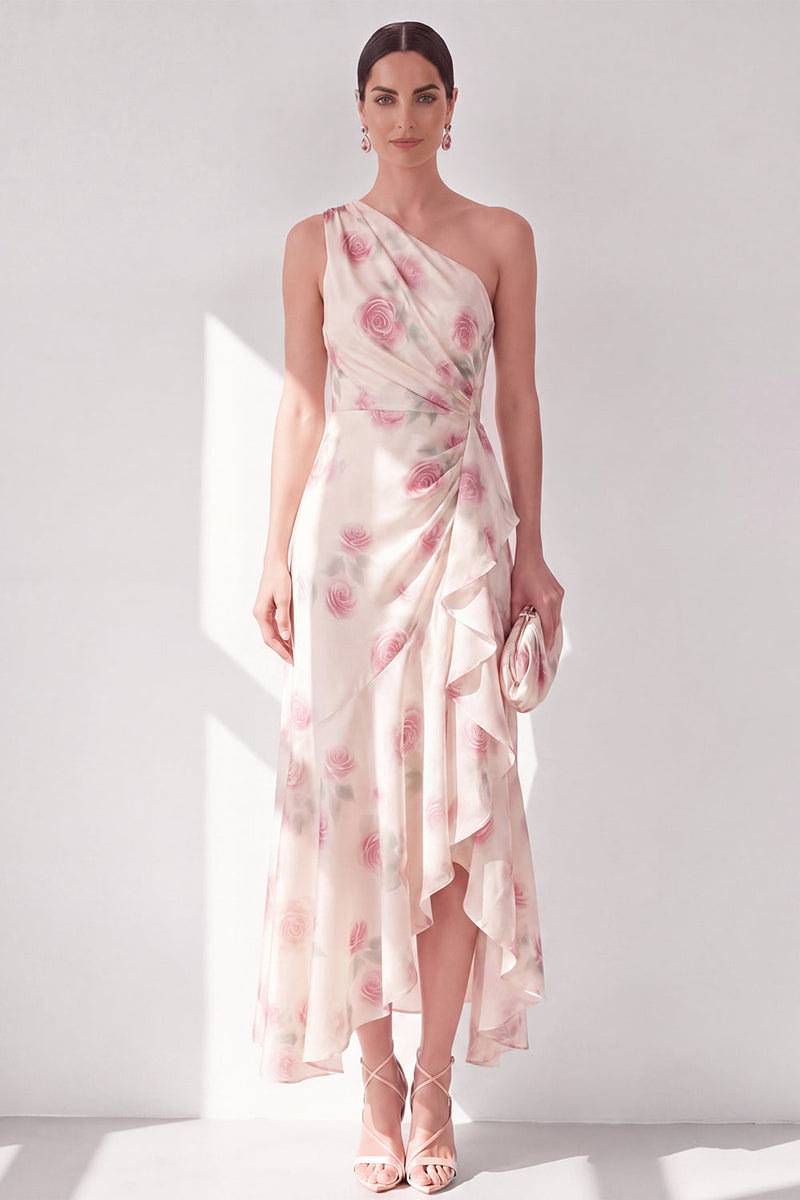 Load image into Gallery viewer, Apricot Floral One Shoulder A Line Maxi Beach Wedding Guest Dress with Ruffles