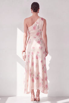 Apricot Floral One Shoulder A Line Maxi Beach Wedding Guest Dress with Ruffles
