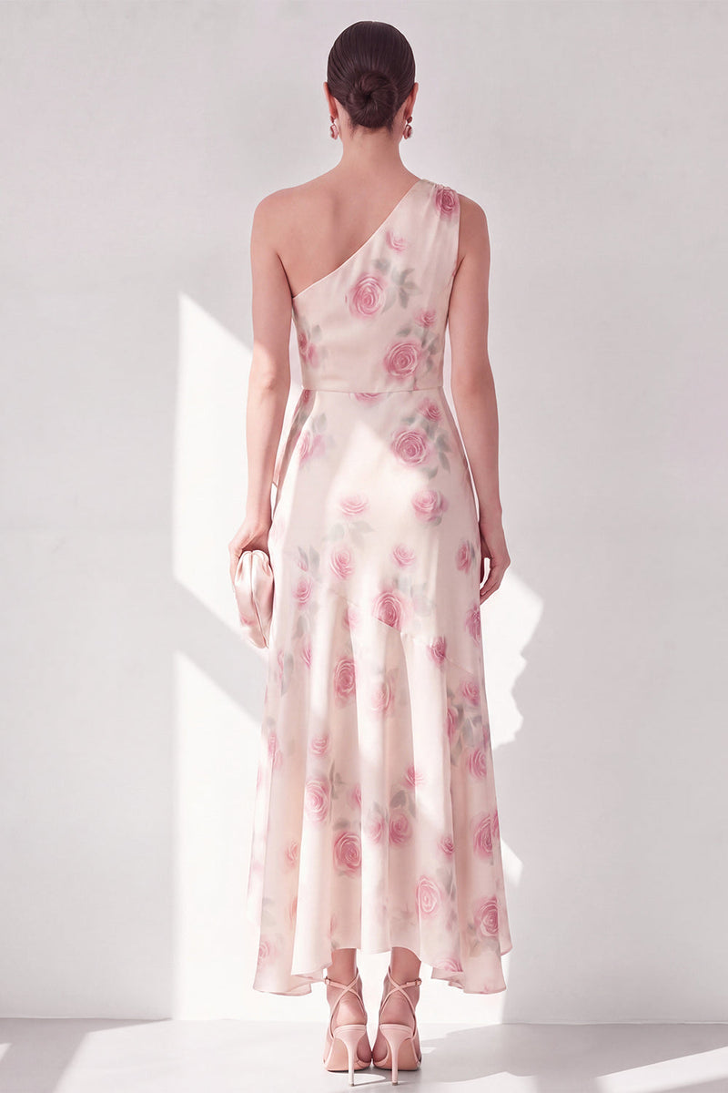 Load image into Gallery viewer, Apricot Floral One Shoulder A Line Maxi Beach Wedding Guest Dress with Ruffles