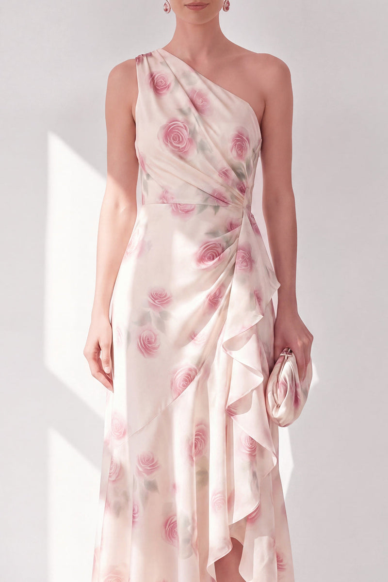 Load image into Gallery viewer, Apricot Floral One Shoulder A Line Maxi Beach Wedding Guest Dress with Ruffles