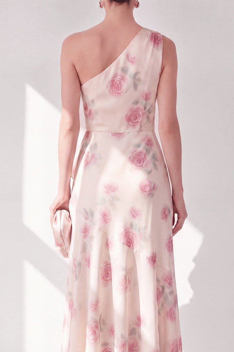 Load image into Gallery viewer, Apricot Floral One Shoulder A Line Maxi Beach Wedding Guest Dress with Ruffles