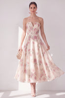 Load image into Gallery viewer, Apricot Strapless Floral Ruched A Line Maxi Beach Wedding Guest Dress