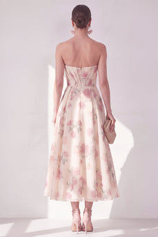 Apricot Strapless Floral Ruched A Line Maxi Beach Wedding Guest Dress