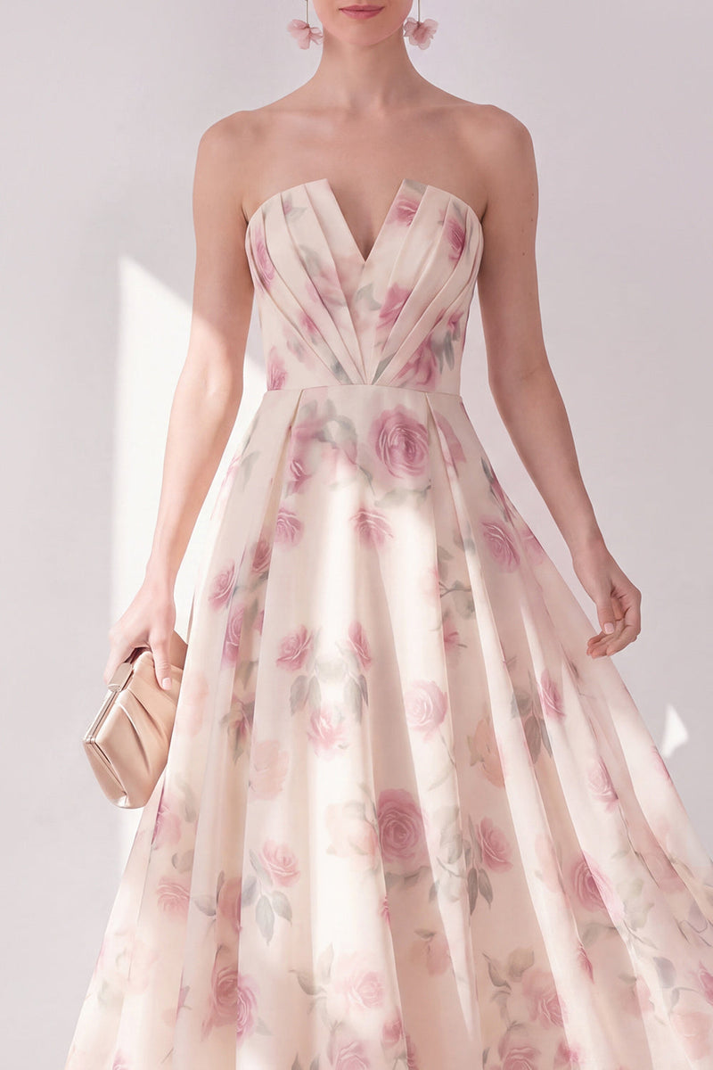 Load image into Gallery viewer, Apricot Strapless Floral Ruched A Line Maxi Beach Wedding Guest Dress