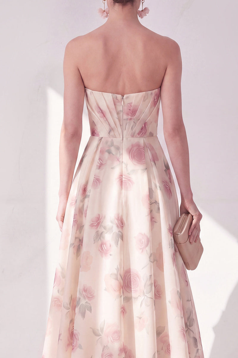 Load image into Gallery viewer, Apricot Strapless Floral Ruched A Line Maxi Beach Wedding Guest Dress