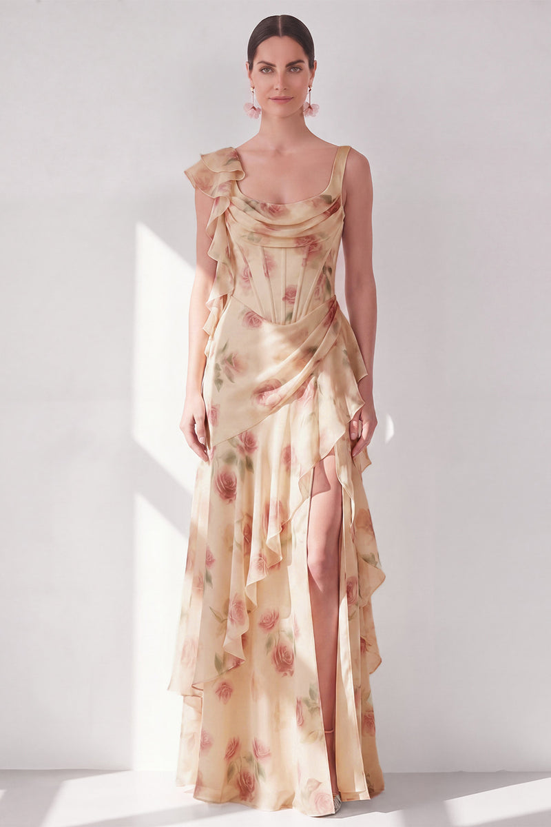 Load image into Gallery viewer, Apricot Scoop Ruffled Corset Floral Maxi Beach Wedding Guest Dress with Slit
