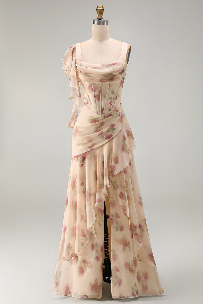 Load image into Gallery viewer, Apricot Scoop Ruffled Corset Floral Maxi Beach Wedding Guest Dress with Slit