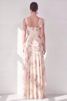 Apricot Scoop Ruffled Corset Floral Maxi Beach Wedding Guest Dress with Slit