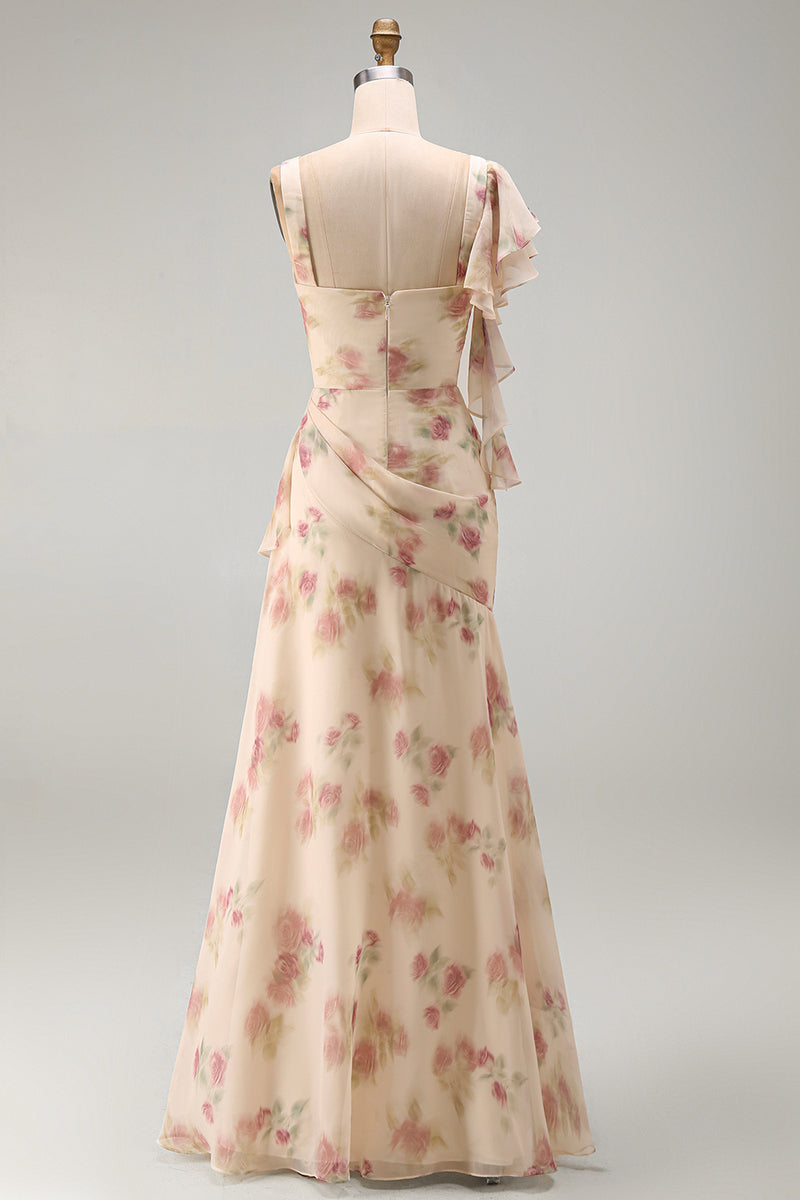 Load image into Gallery viewer, Apricot Scoop Ruffled Corset Floral Maxi Beach Wedding Guest Dress with Slit