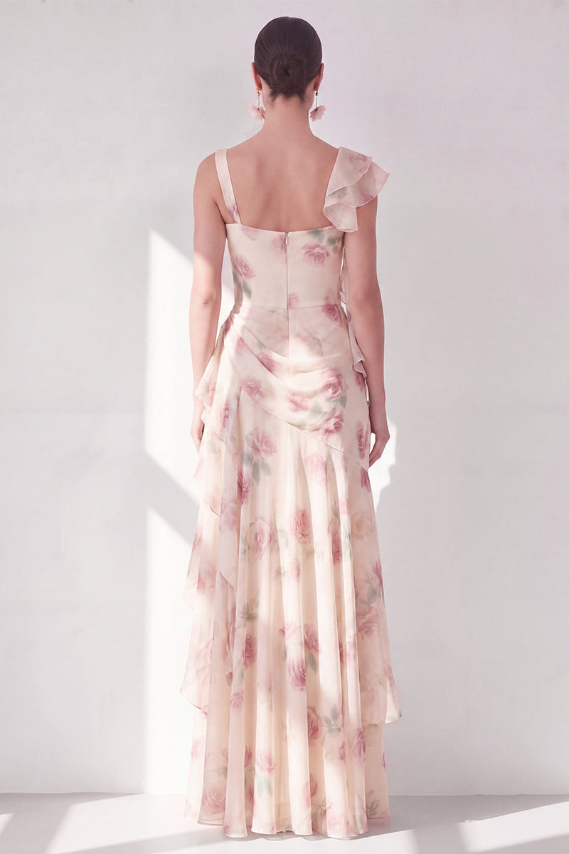 Load image into Gallery viewer, Apricot Scoop Ruffled Corset Floral Maxi Beach Wedding Guest Dress with Slit