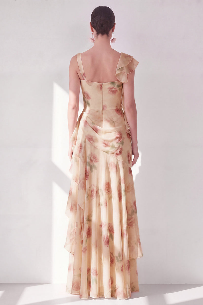 Load image into Gallery viewer, Apricot Scoop Ruffled Corset Floral Maxi Beach Wedding Guest Dress with Slit
